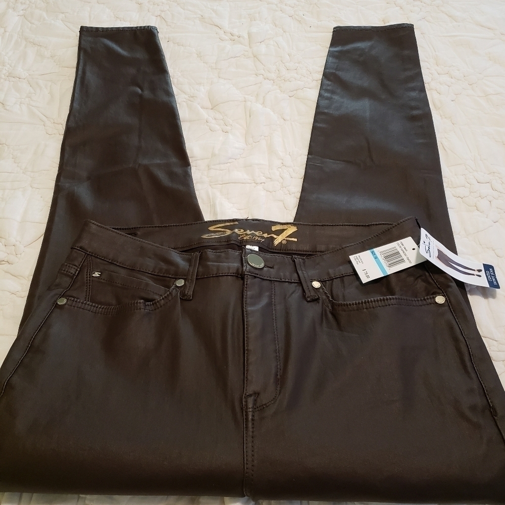 NWT Seven7 Coated Skinny Jeans Faux Leather Espresso Brown Size 12 RET. $79.00